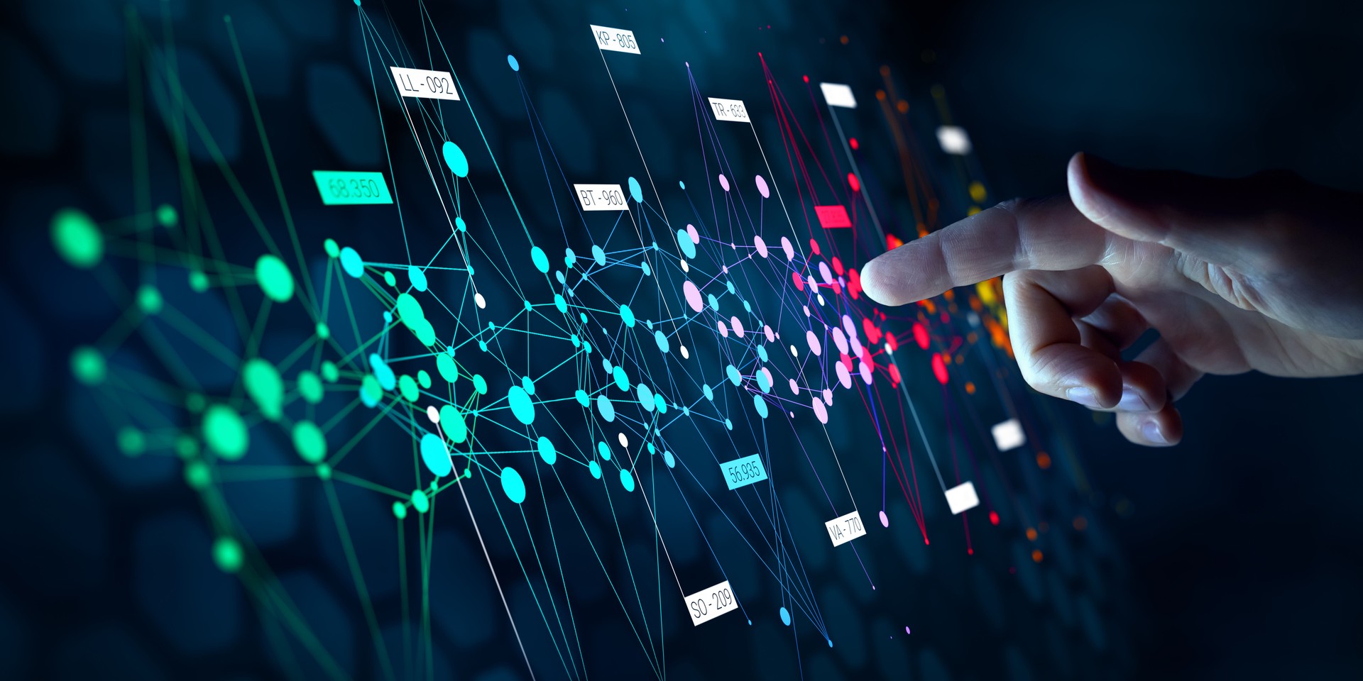 Big data analytics with AI technology. Data analyst analyzing and visualizing complex information network with artificial intelligence. Machine learning algorithm for business analytics and finance.